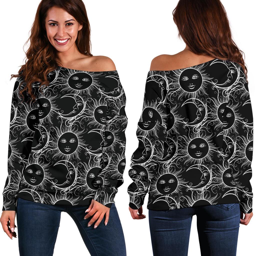 Sun Moon White Design Themed Print Off Shoulder Sweatshirt