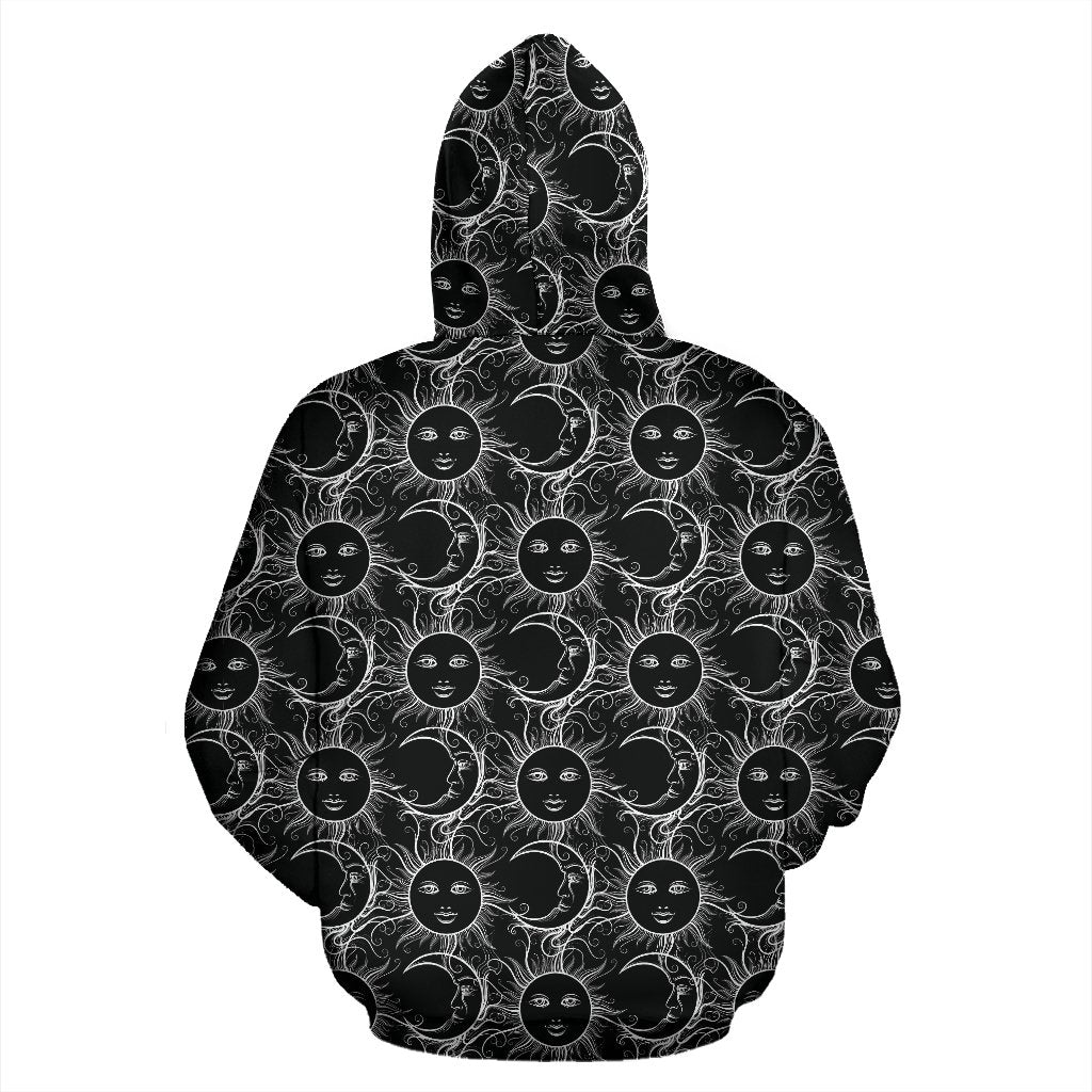 Sun Moon White Design Themed Print Pullover Hoodie
