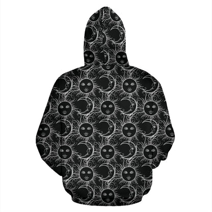 Sun Moon White Design Themed Print Pullover Hoodie