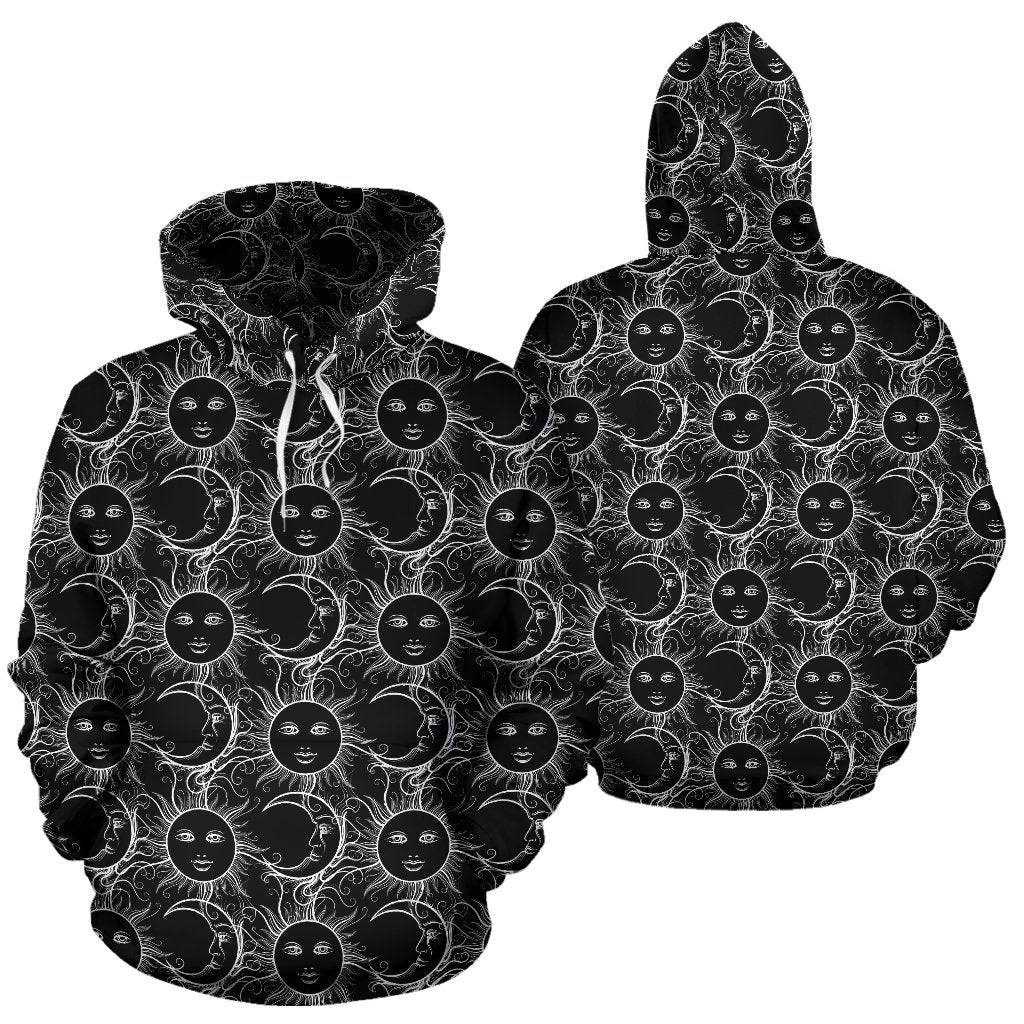 Sun Moon White Design Themed Print Pullover Hoodie