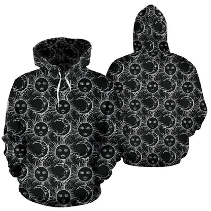 Sun Moon White Design Themed Print Pullover Hoodie