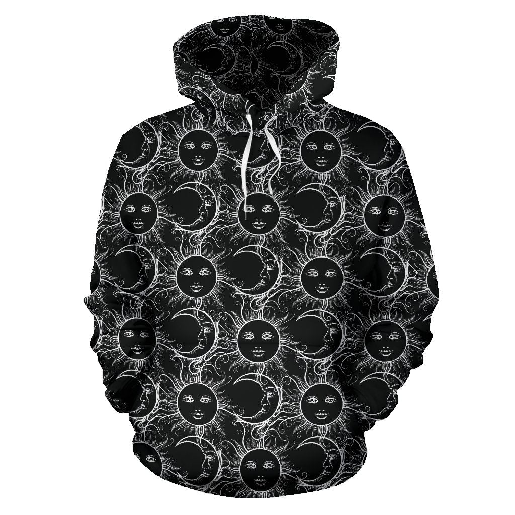 Sun Moon White Design Themed Print Pullover Hoodie