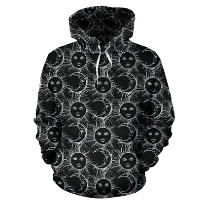 Sun Moon White Design Themed Print Pullover Hoodie
