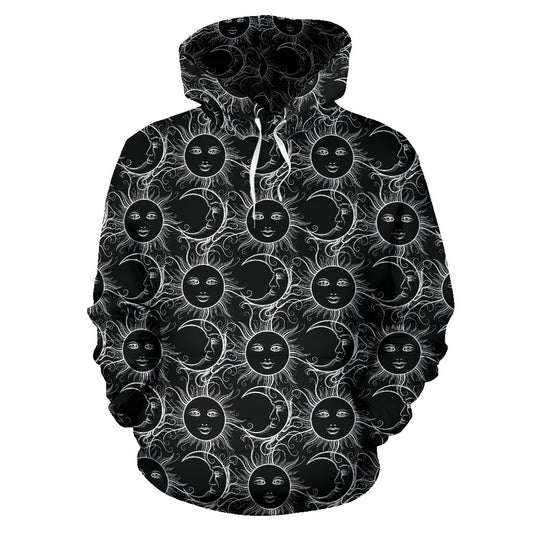 Sun Moon White Design Themed Print Pullover Hoodie