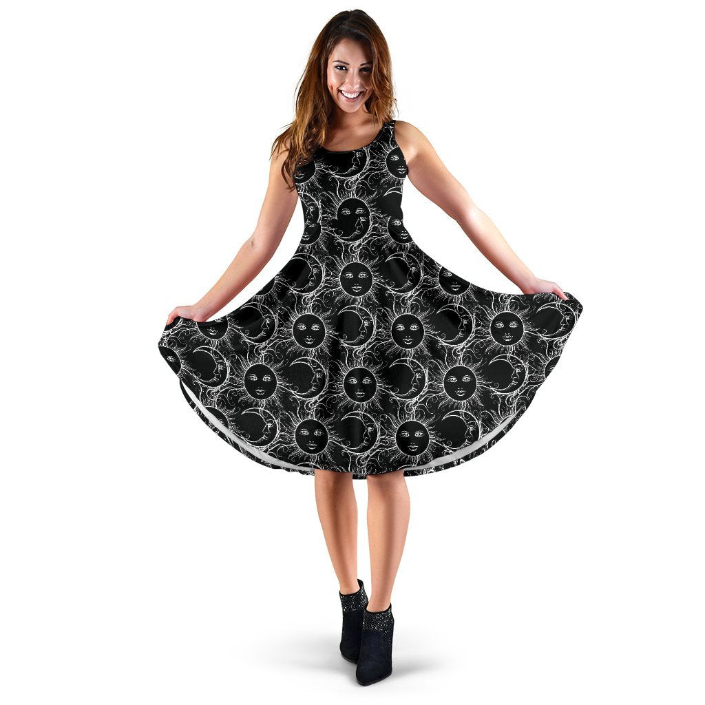 Sun Moon White Design Themed Print Sleeveless Dress