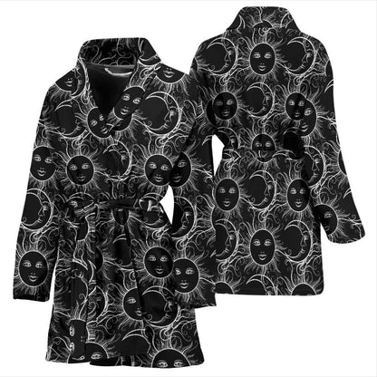 Sun Moon White Design Themed Print Women Bath Robe-JTAMIGO.COM