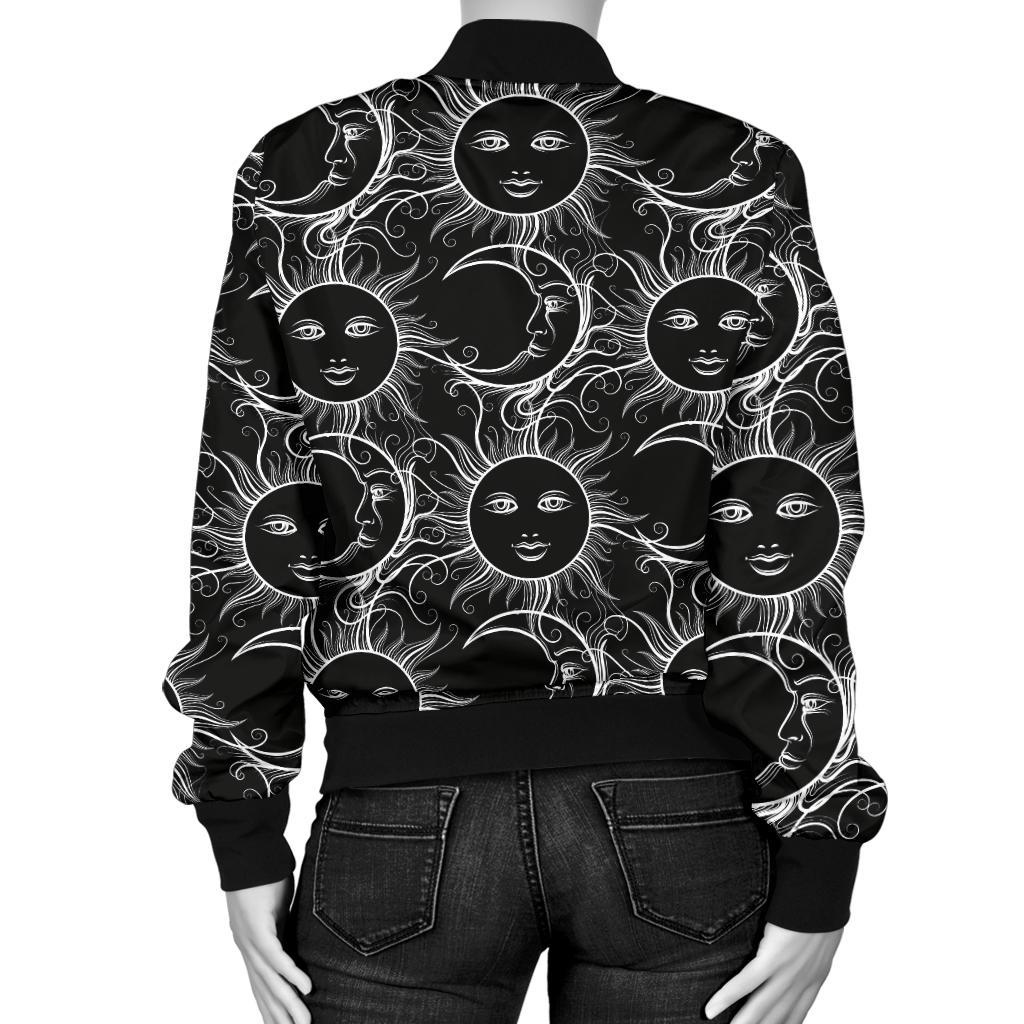 Sun Moon White Design Themed Print Women Casual Bomber Jacket