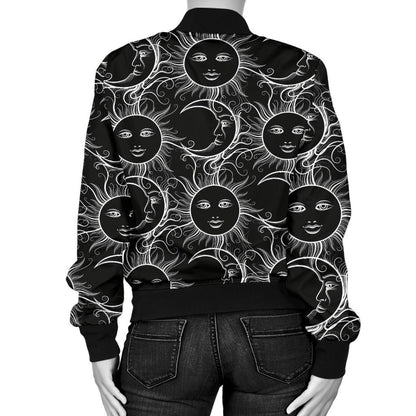 Sun Moon White Design Themed Print Women Casual Bomber Jacket