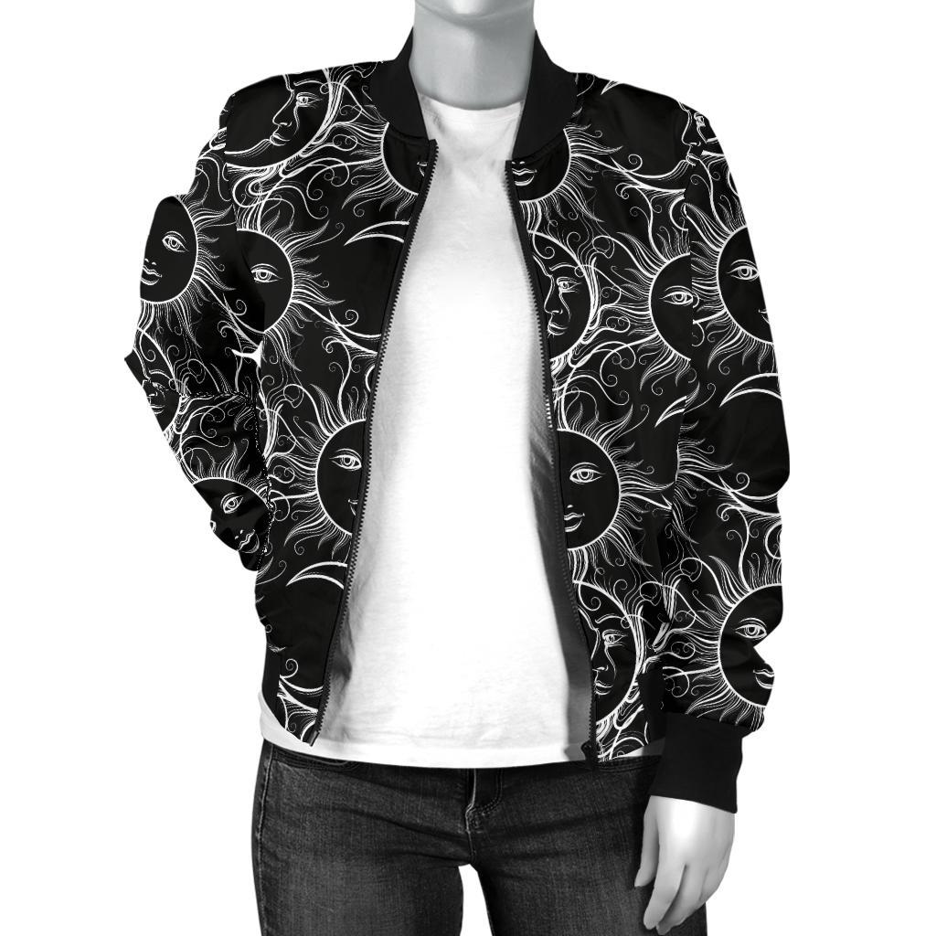 Sun Moon White Design Themed Print Women Casual Bomber Jacket