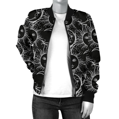 Sun Moon White Design Themed Print Women Casual Bomber Jacket