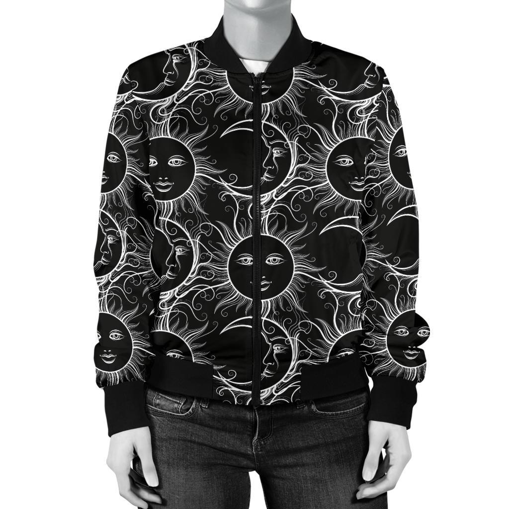 Sun Moon White Design Themed Print Women Casual Bomber Jacket