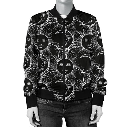 Sun Moon White Design Themed Print Women Casual Bomber Jacket