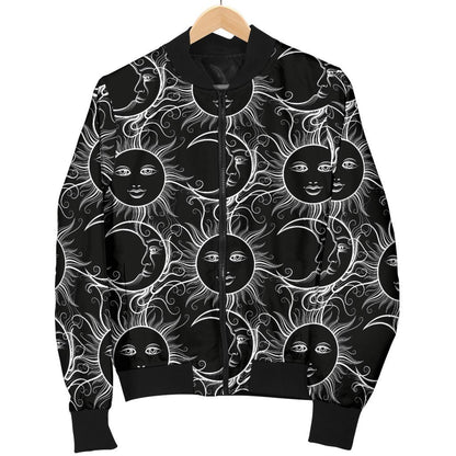 Sun Moon White Design Themed Print Women Casual Bomber Jacket