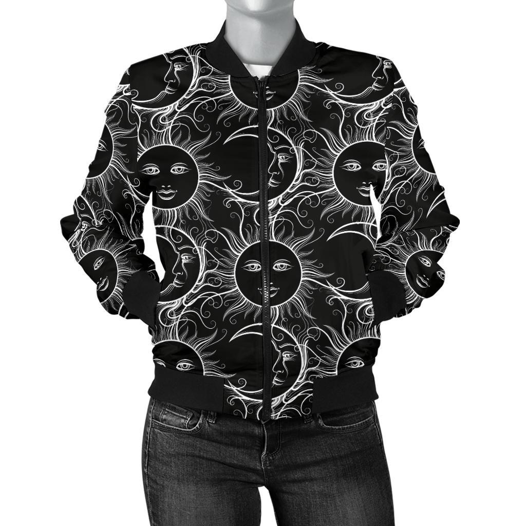 Sun Moon White Design Themed Print Women Casual Bomber Jacket