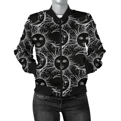 Sun Moon White Design Themed Print Women Casual Bomber Jacket