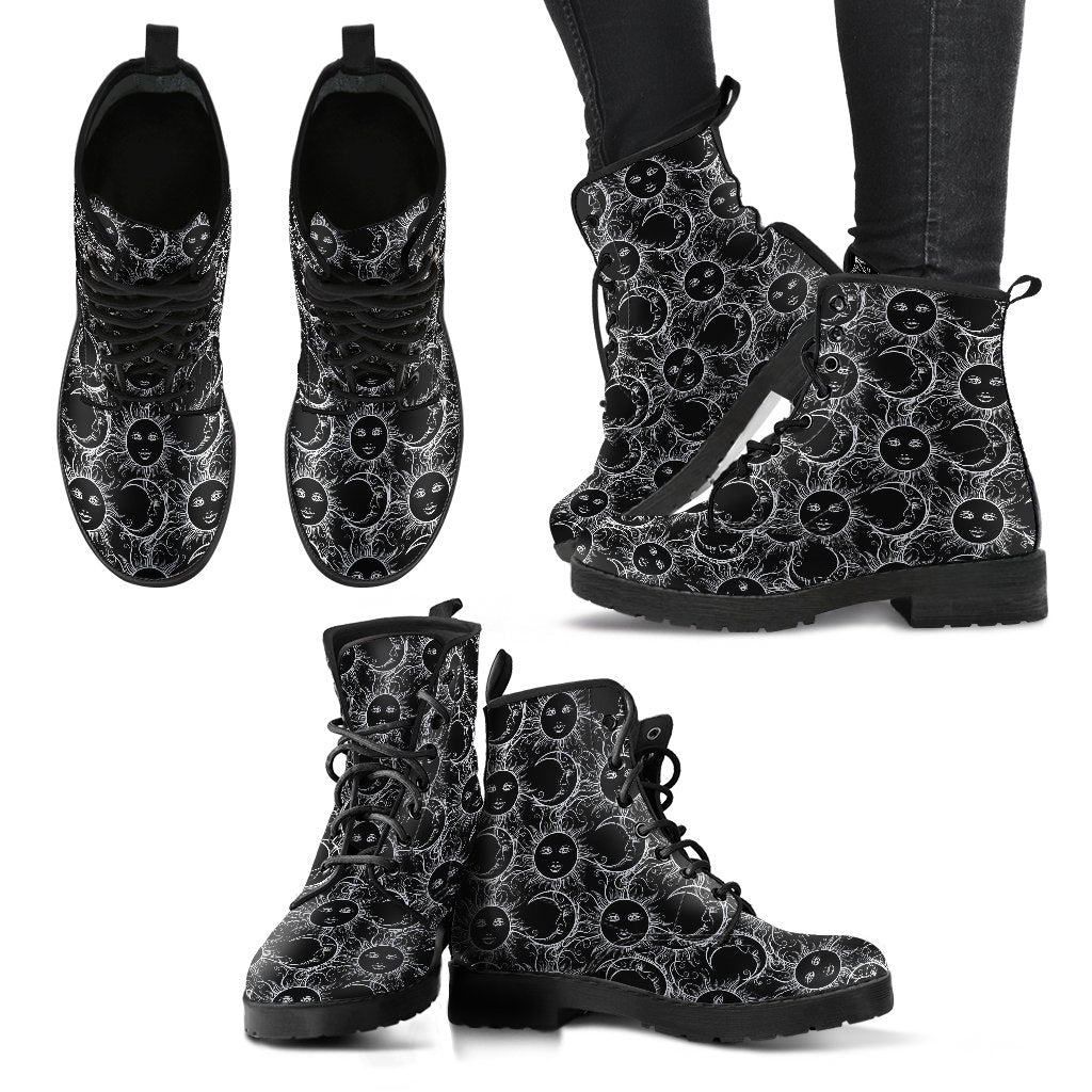 Sun Moon White Design Themed Print Women Leather Boots-JTAMIGO.COM