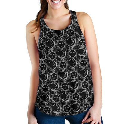 Sun Moon White Design Themed Print Women Racerback Tank Top