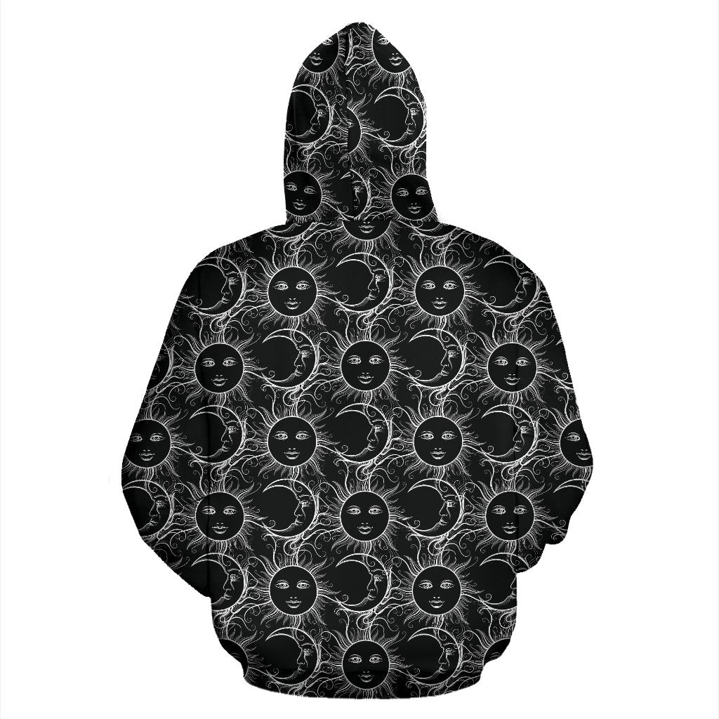 Sun Moon White Design Themed Print Zip Up Hoodie
