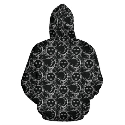 Sun Moon White Design Themed Print Zip Up Hoodie