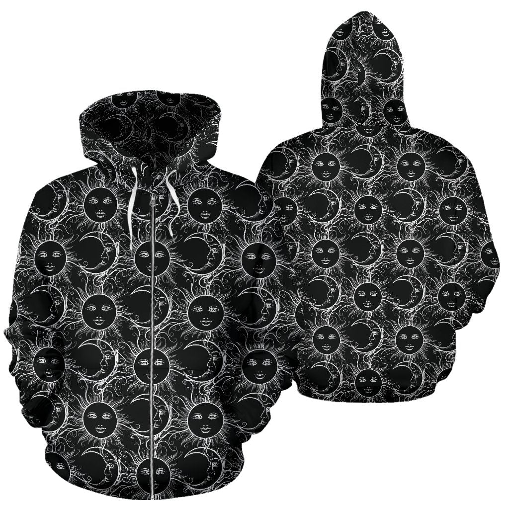 Sun Moon White Design Themed Print Zip Up Hoodie