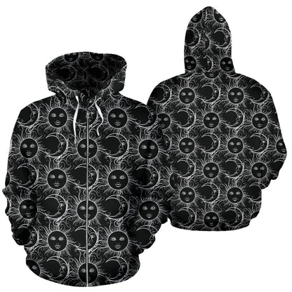 Sun Moon White Design Themed Print Zip Up Hoodie