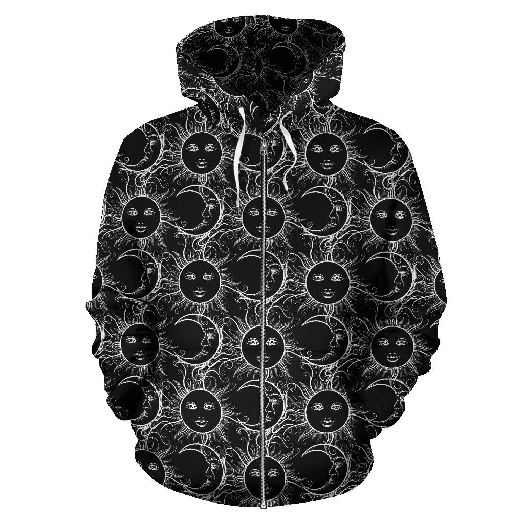 Sun Moon White Design Themed Print Zip Up Hoodie
