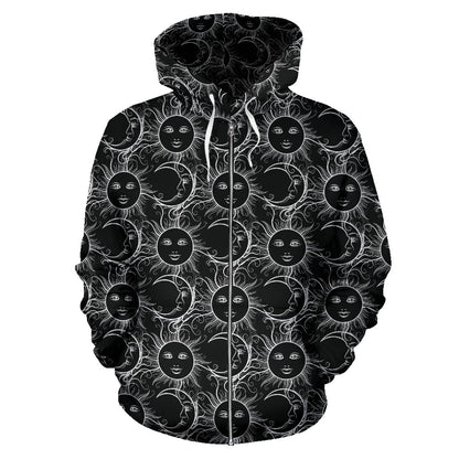 Sun Moon White Design Themed Print Zip Up Hoodie