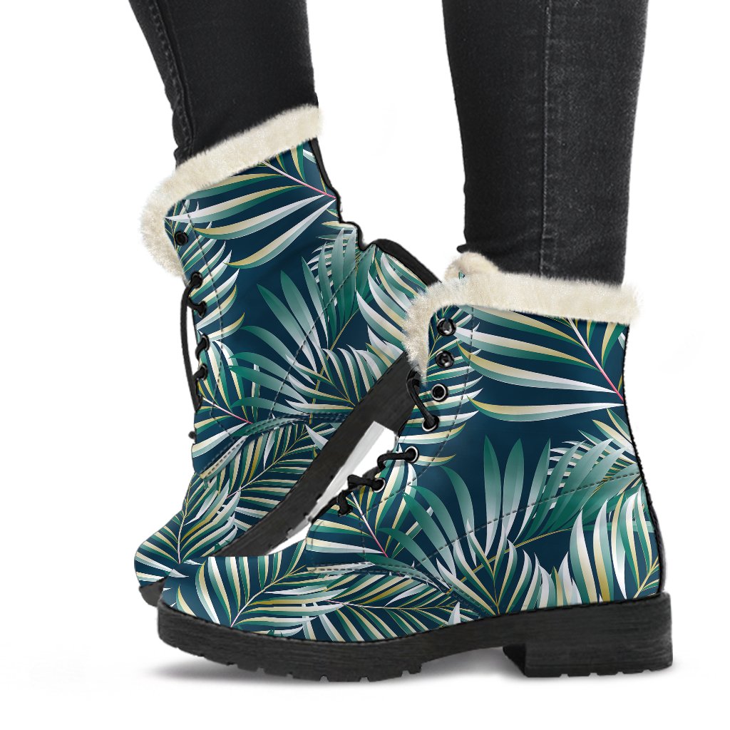 Sun Spot Tropical Palm Leaves hower Curtain Faux Fur Leather Boots-JTAMIGO.COM