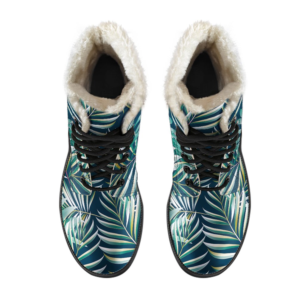 Sun Spot Tropical Palm Leaves hower Curtain Faux Fur Leather Boots-JTAMIGO.COM