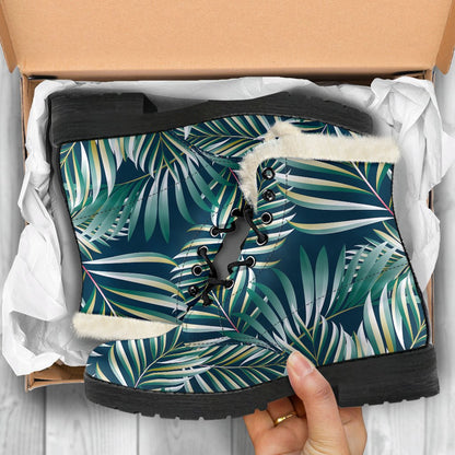 Sun Spot Tropical Palm Leaves hower Curtain Faux Fur Leather Boots-JTAMIGO.COM