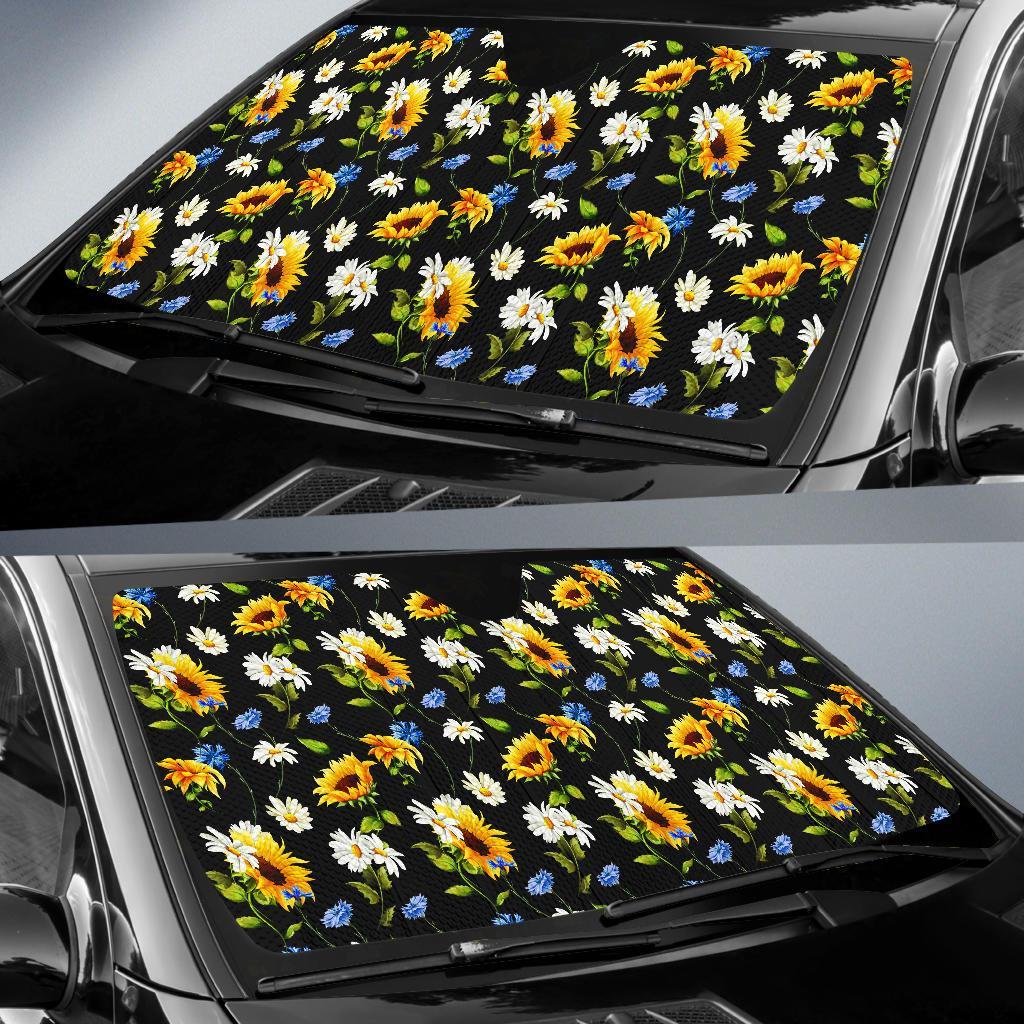 Sunflower Chamomile Bright Color Print Car Sun Shade For Windshield