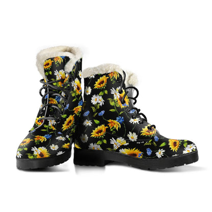 Sunflower Chamomile Bright Color Print Faux Fur Leather Boots-JTAMIGO.COM