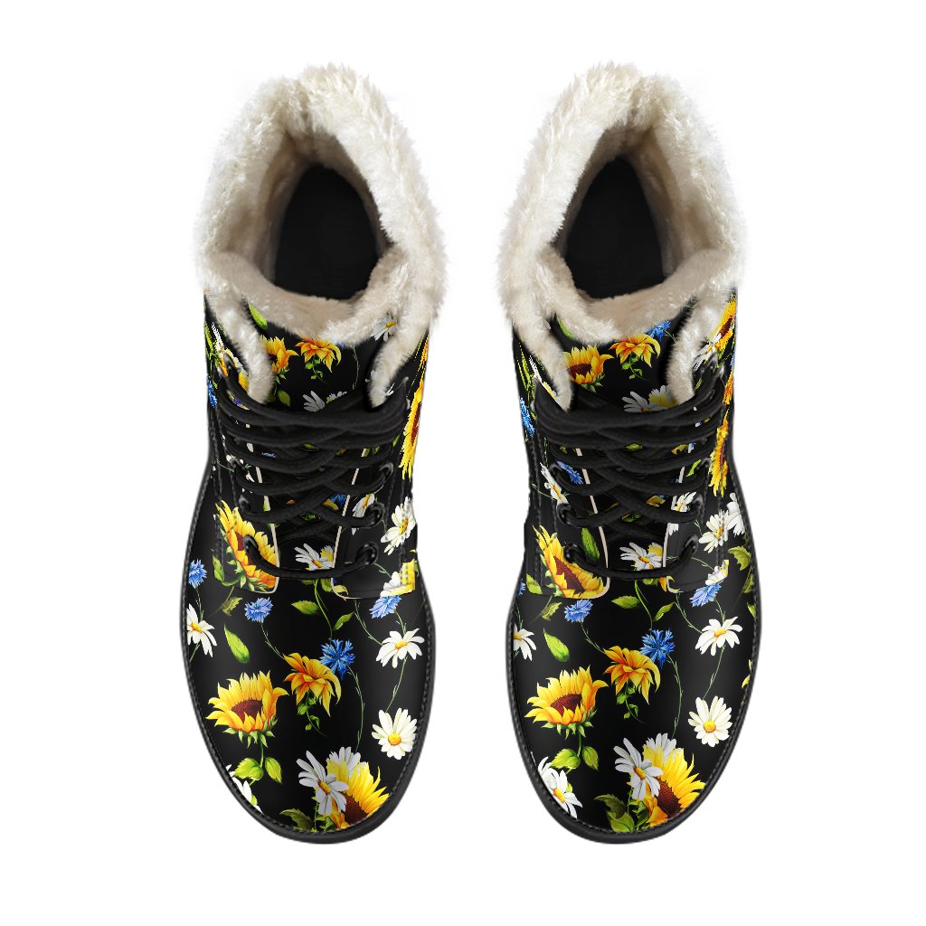 Sunflower Chamomile Bright Color Print Faux Fur Leather Boots-JTAMIGO.COM