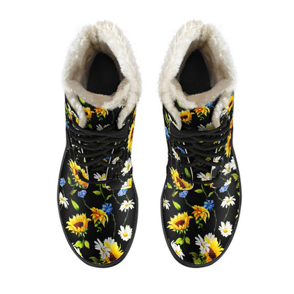 Sunflower Chamomile Bright Color Print Faux Fur Leather Boots-JTAMIGO.COM