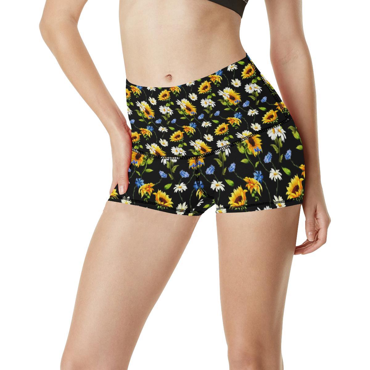Sunflower Chamomile Bright Color Print High Waisted Spandex Shorts-JTAMIGO.COM
