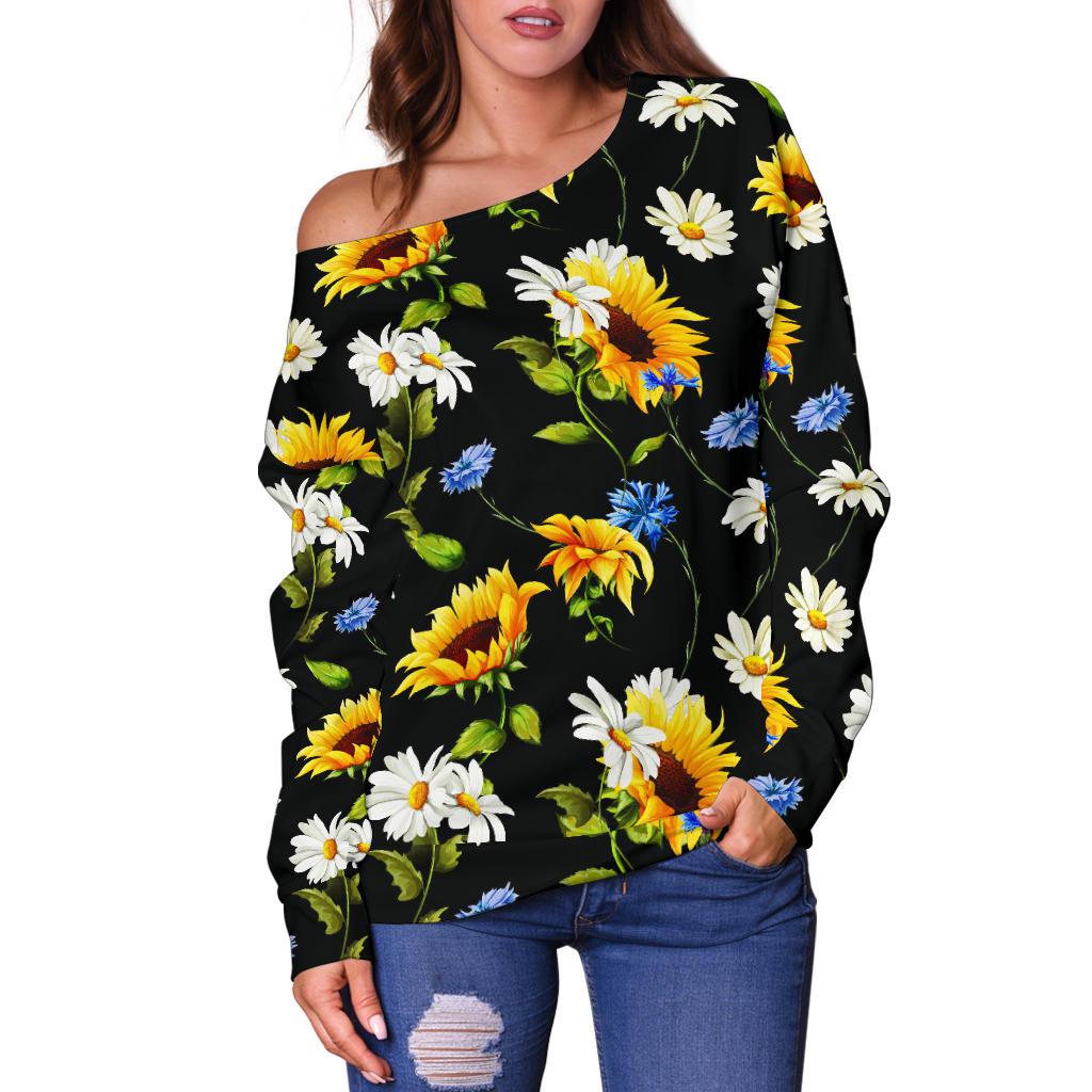 Sunflower Chamomile Bright Color Print Off Shoulder Sweatshirt