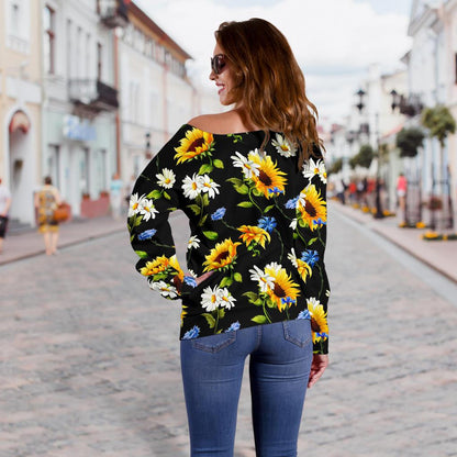 Sunflower Chamomile Bright Color Print Off Shoulder Sweatshirt