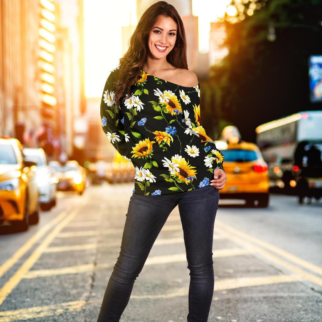 Sunflower Chamomile Bright Color Print Off Shoulder Sweatshirt