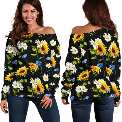 Sunflower Chamomile Bright Color Print Off Shoulder Sweatshirt