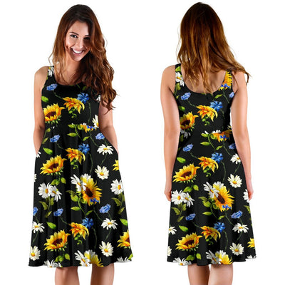 Sunflower Chamomile Bright Color Print Sleeveless Dress