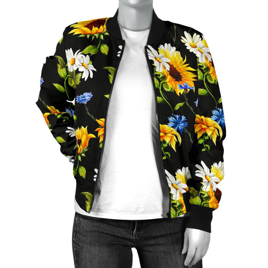 Sunflower Chamomile Bright Color Print Women Casual Bomber Jacket