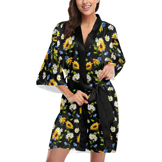 Sunflower Chamomile Bright Color Print Women Short Kimono Robe