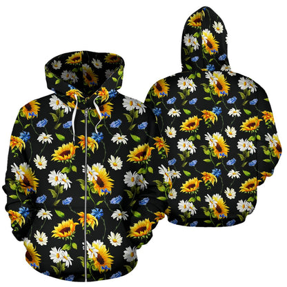 Sunflower Chamomile Bright Color Print Zip Up Hoodie