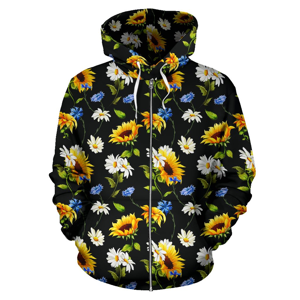 Sunflower Chamomile Bright Color Print Zip Up Hoodie