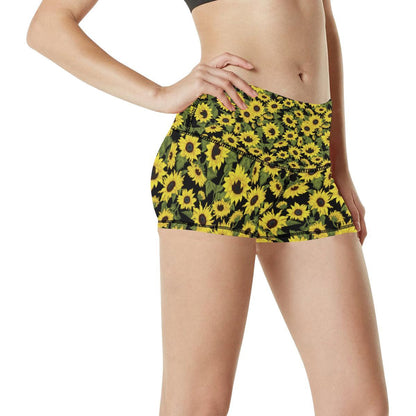 Sunflower Fresh Bright Color Print High Waisted Spandex Shorts-JTAMIGO.COM