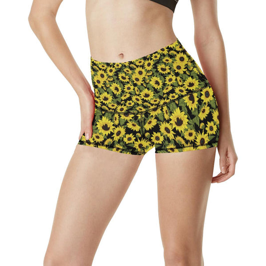 Sunflower Fresh Bright Color Print High Waisted Spandex Shorts-JTAMIGO.COM