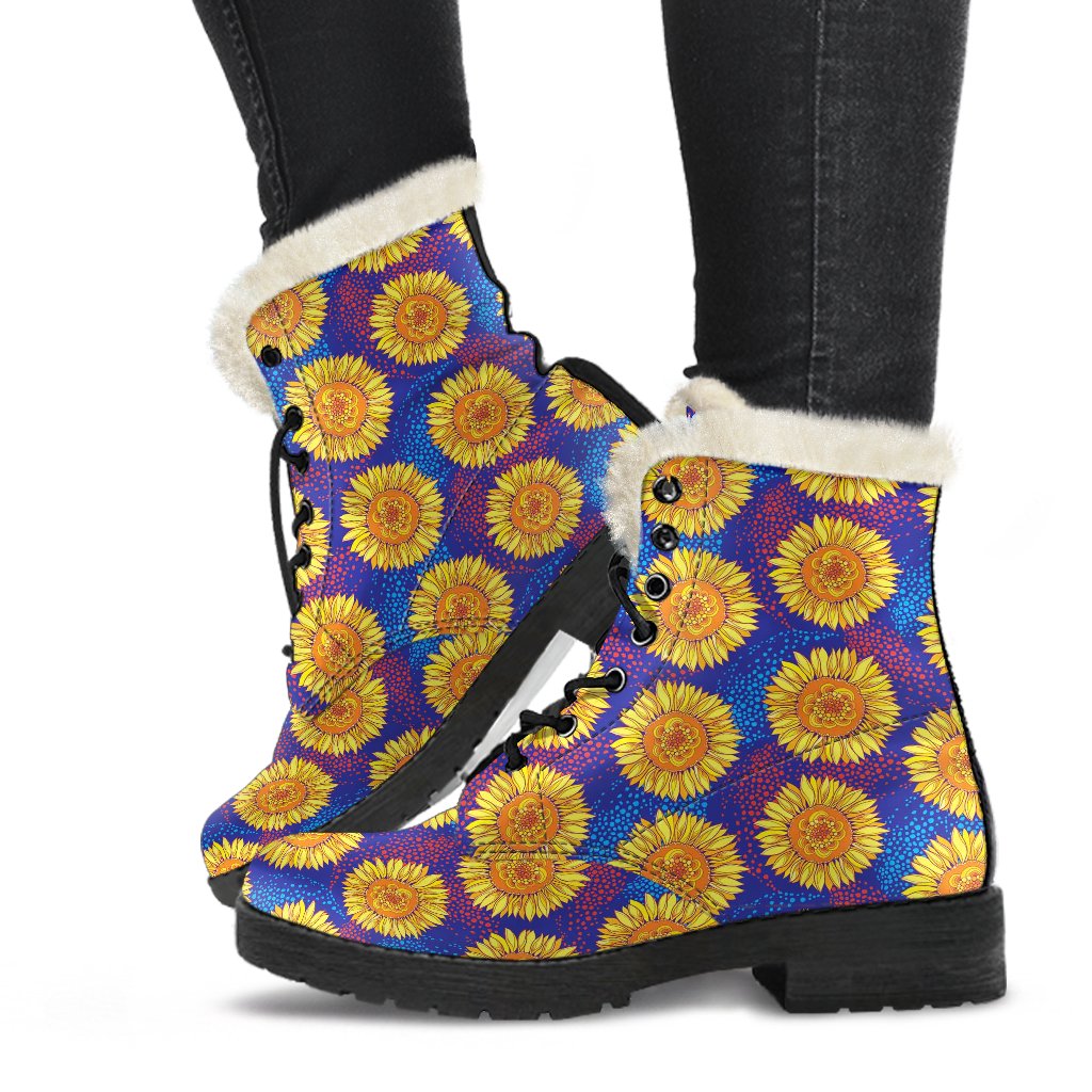 Sunflower Hand Drawn Style Print Faux Fur Leather Boots-JTAMIGO.COM