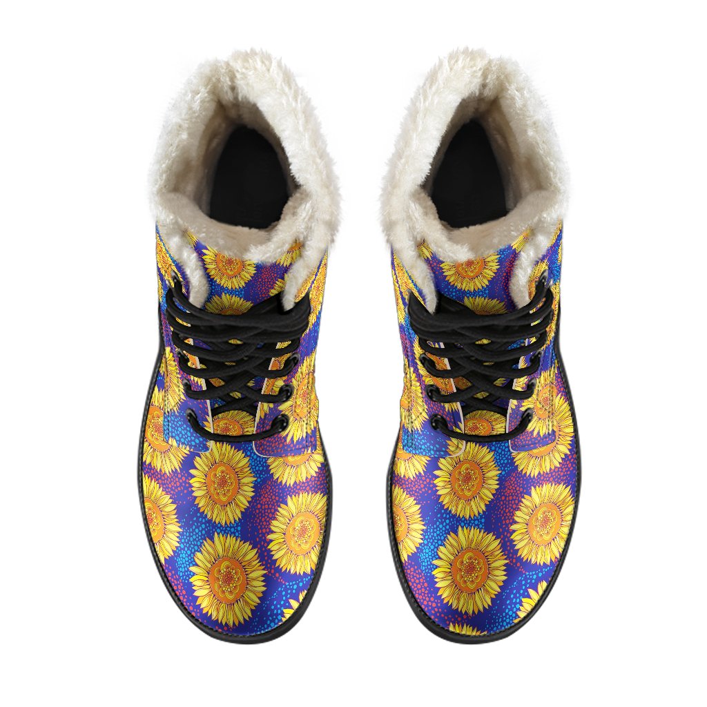 Sunflower Hand Drawn Style Print Faux Fur Leather Boots-JTAMIGO.COM