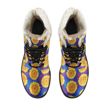 Sunflower Hand Drawn Style Print Faux Fur Leather Boots-JTAMIGO.COM
