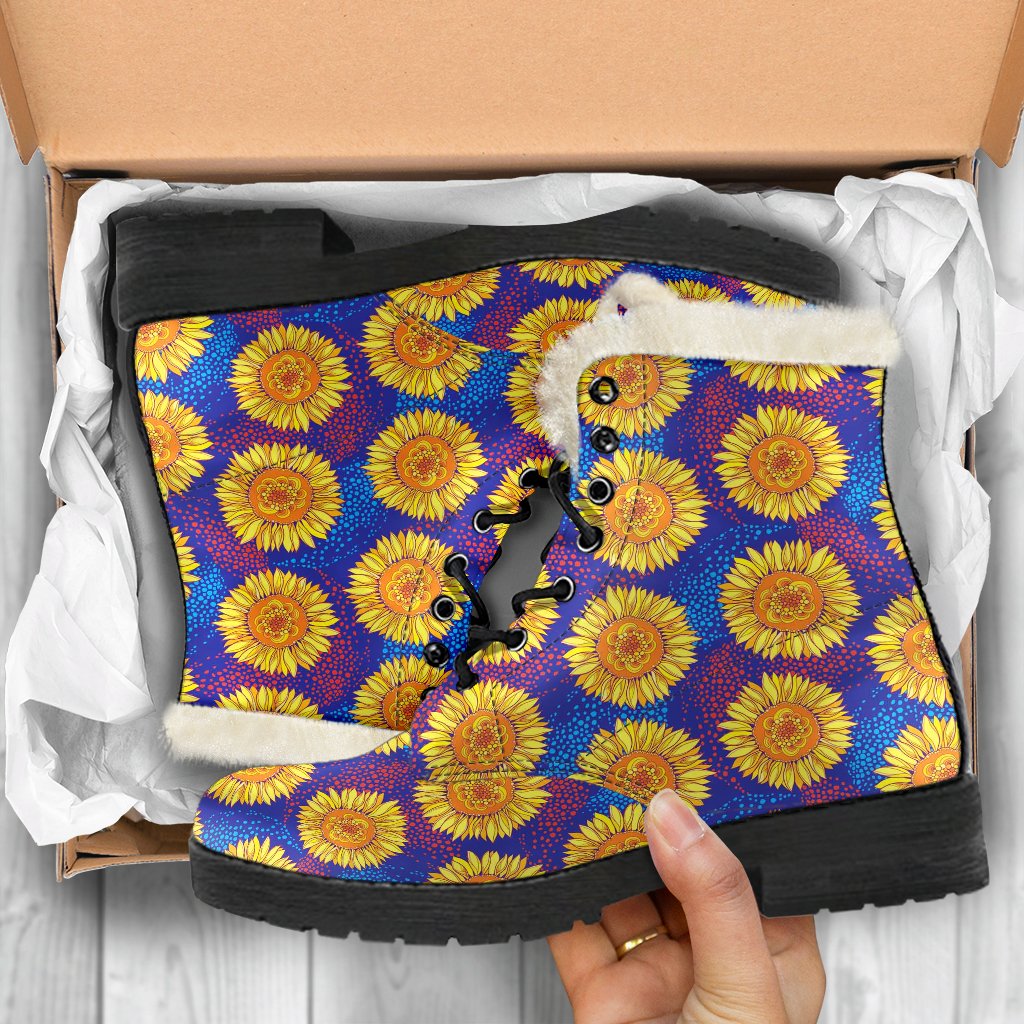 Sunflower Hand Drawn Style Print Faux Fur Leather Boots-JTAMIGO.COM